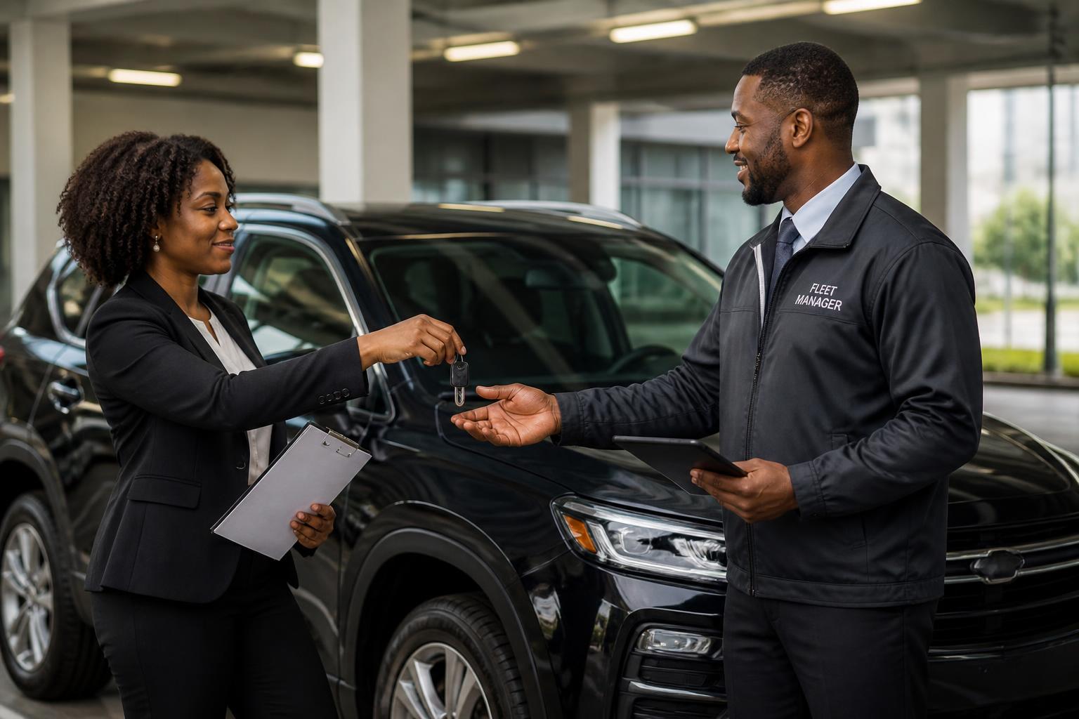 Owner handing keys to a 1111 Car Rentals fleet manager
